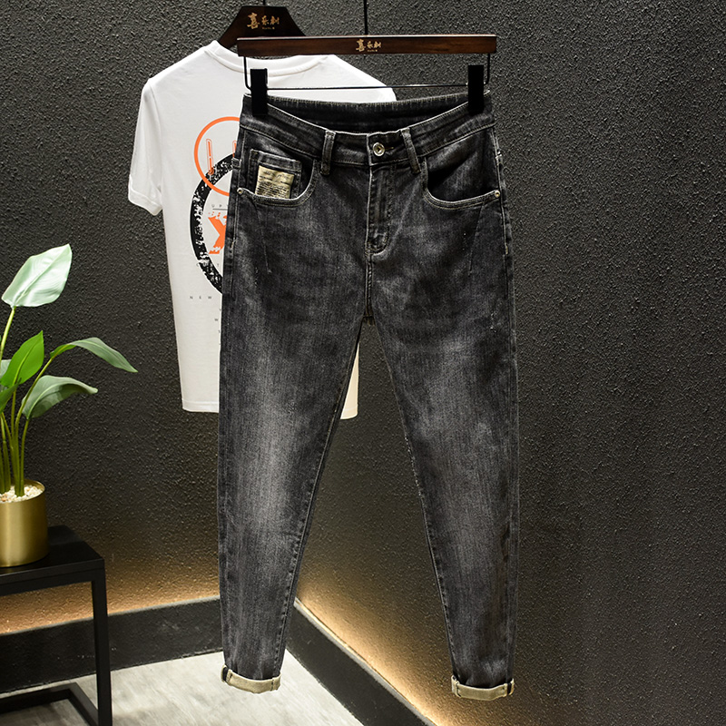 喜乐树香港潮牌软料牛仔裤男春夏新款灰色弹力修身时尚小脚裤子