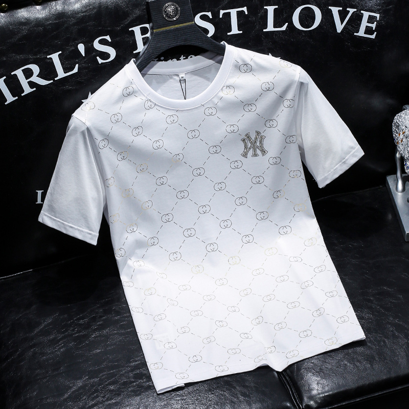 欧洲站烫钻透气潮牌印花半袖2022夏季青年丝光棉短袖T恤男士潮流t