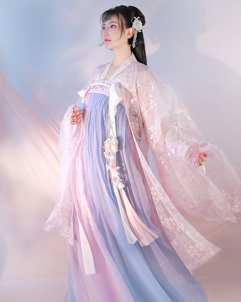 汉服女樱花春秋日常改良学生大袖衫齐胸齐腰襦裙坦领清新淡雅古装