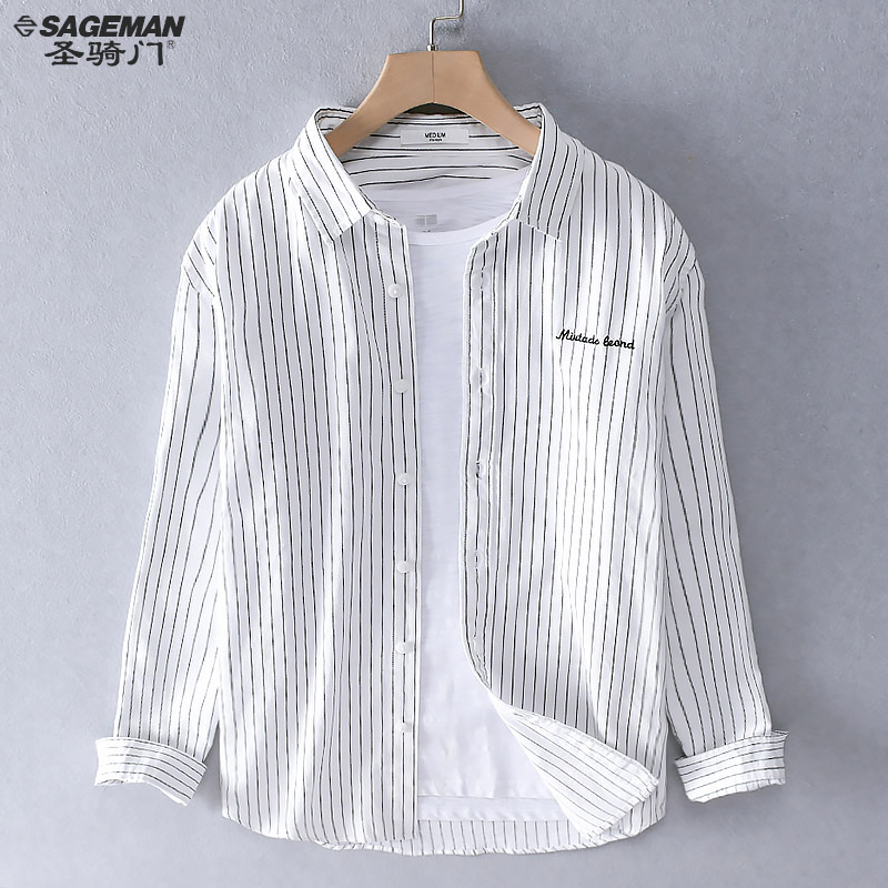 竖条纹纯棉长袖衬衫男夏季休闲白衬衣日系复古高级感短袖寸衫外套