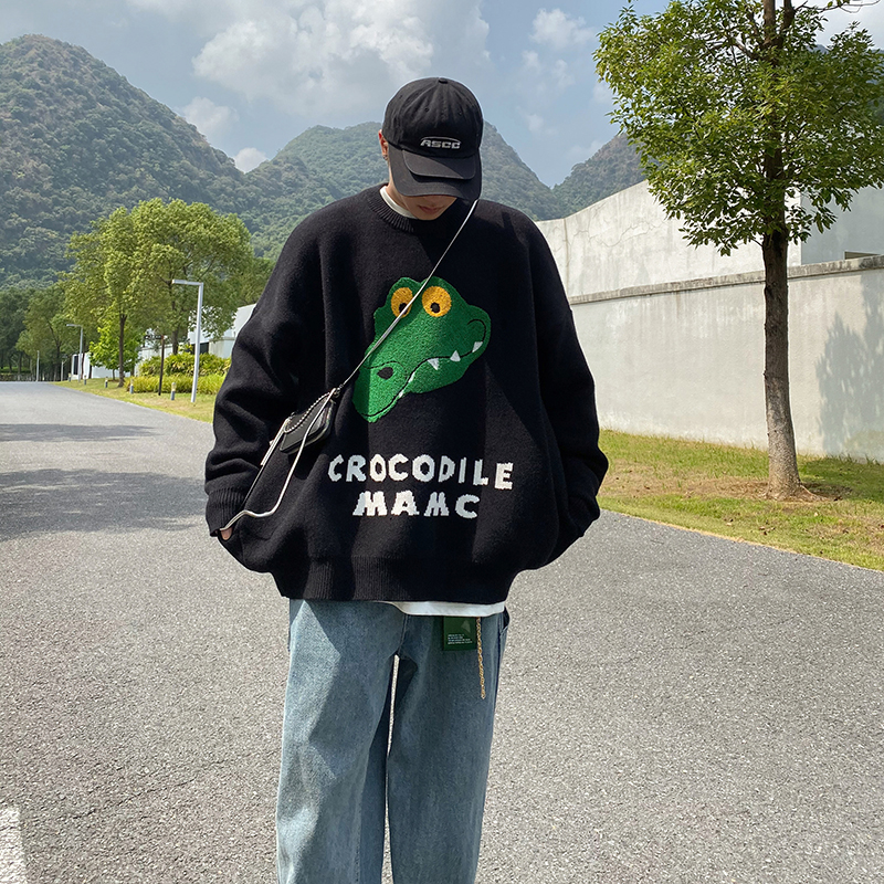 MAMC鳄鱼毛衣日系加厚宽松圆领套头针织衫国潮牌秋冬季打底上衣