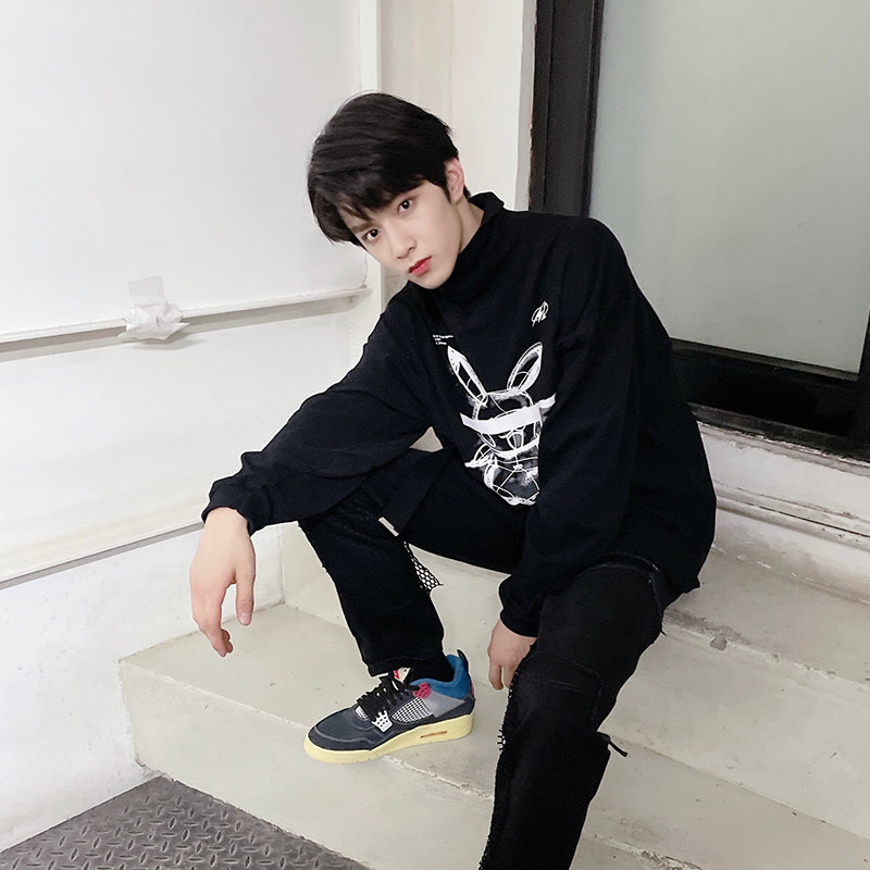 harshandcruel刘耀文手绘漫画印花半高高领长袖t恤