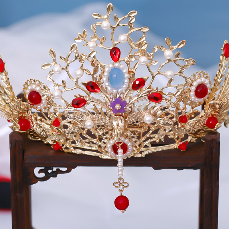 古风中式头冠婚礼古装红色凤冠复古头饰风发发饰