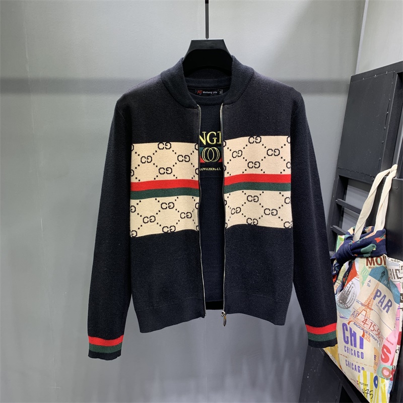 男士开衫拼色条纹外套秋季修身拉链毛衣帅气时尚撞色显瘦针织衫潮