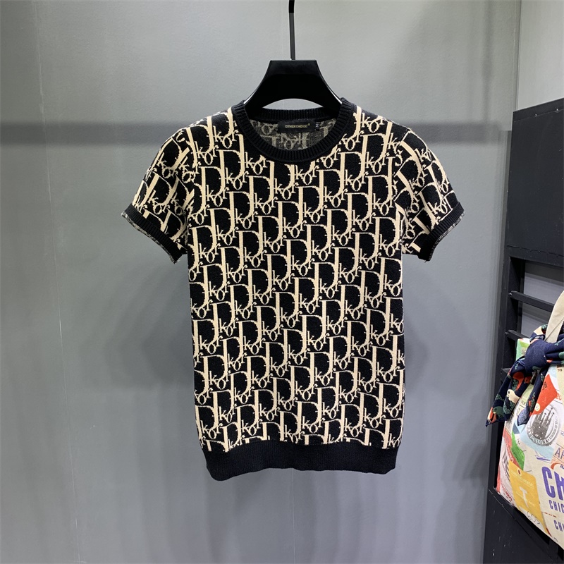 春夏季男士T恤提花字母短袖毛衣潮牌时尚半截袖针织半袖大码毛衫
