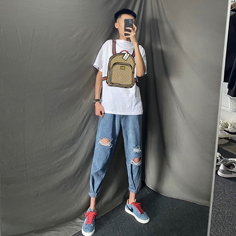 夏季薄款破洞宽松牛仔裤男直筒小脚9分九分裤韩版潮牌乞丐裤子男