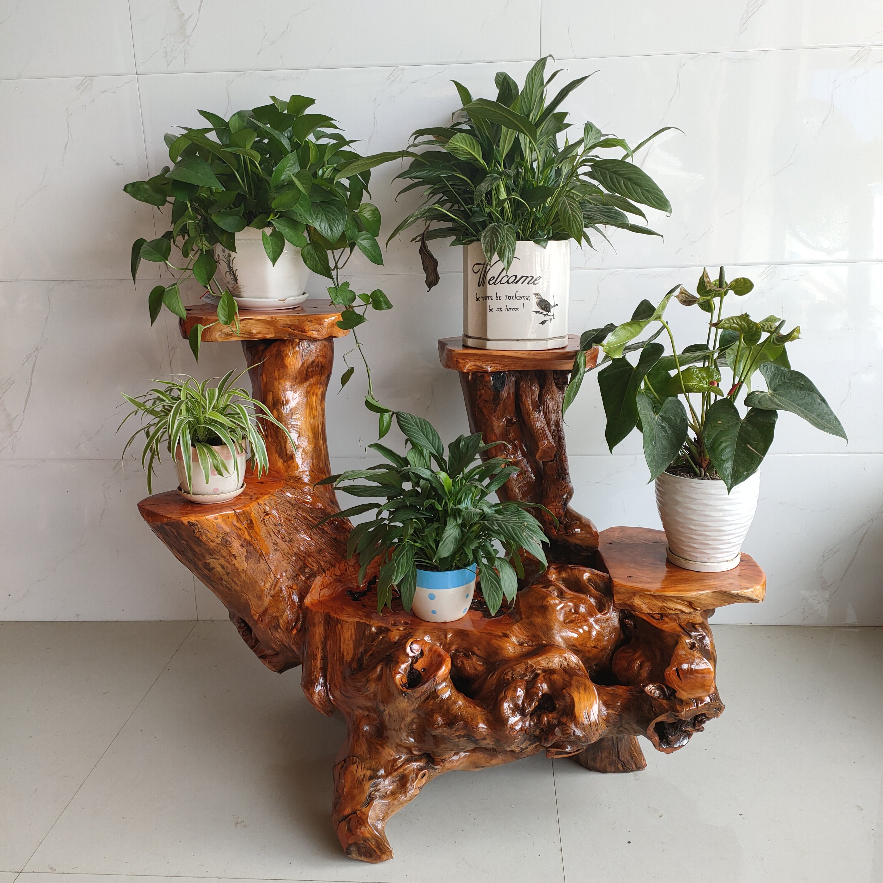 客厅根雕花架实木天然树根落地多层根艺盆景根雕花架