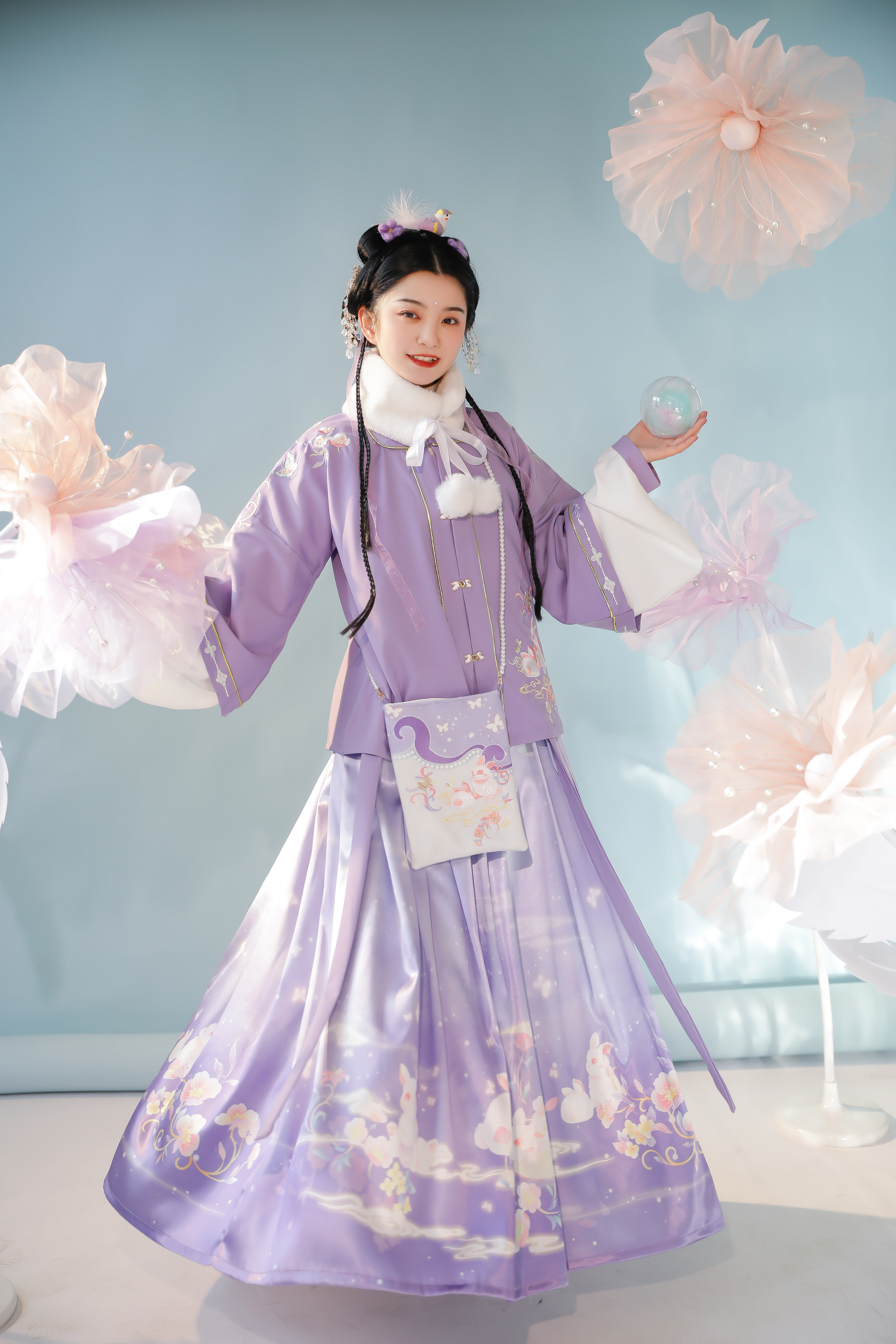 紫烟花下月兔明制短衫长短百褶裙对襟立领汉服女汉服