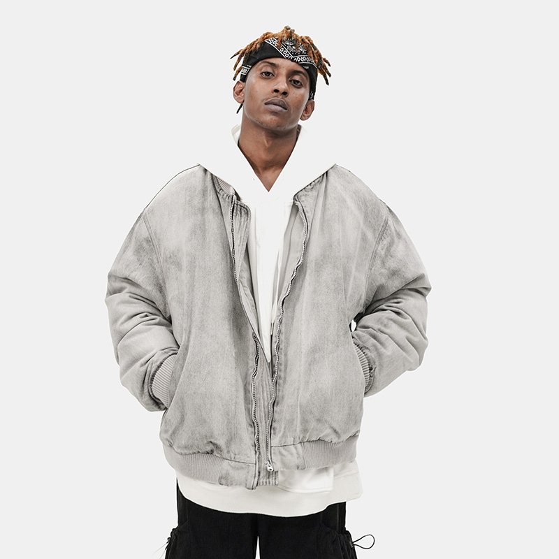 BTW冬季宽松百搭嘻哈外套潮灰色水洗做旧短款加厚保暖牛仔羽绒服