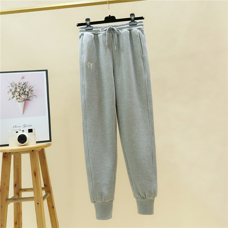 加绒运动裤女冬季裤子外穿女裤加厚宽松束脚休闲2021春秋灰色卫裤