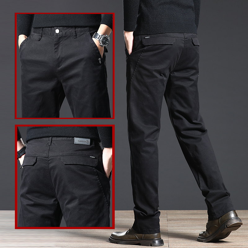 2022新款春季高端黑色休闲裤男士宽松直筒纯黑弹力春秋款纯棉长裤