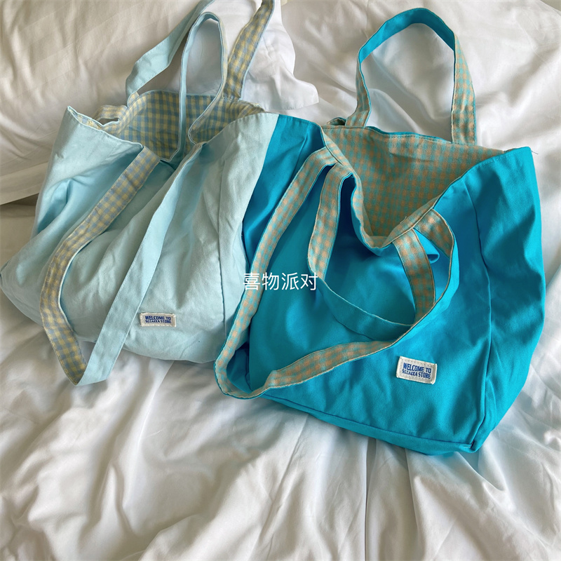 定制款奶蓝色双面背格子帆布包～ins大容量手提单肩包包