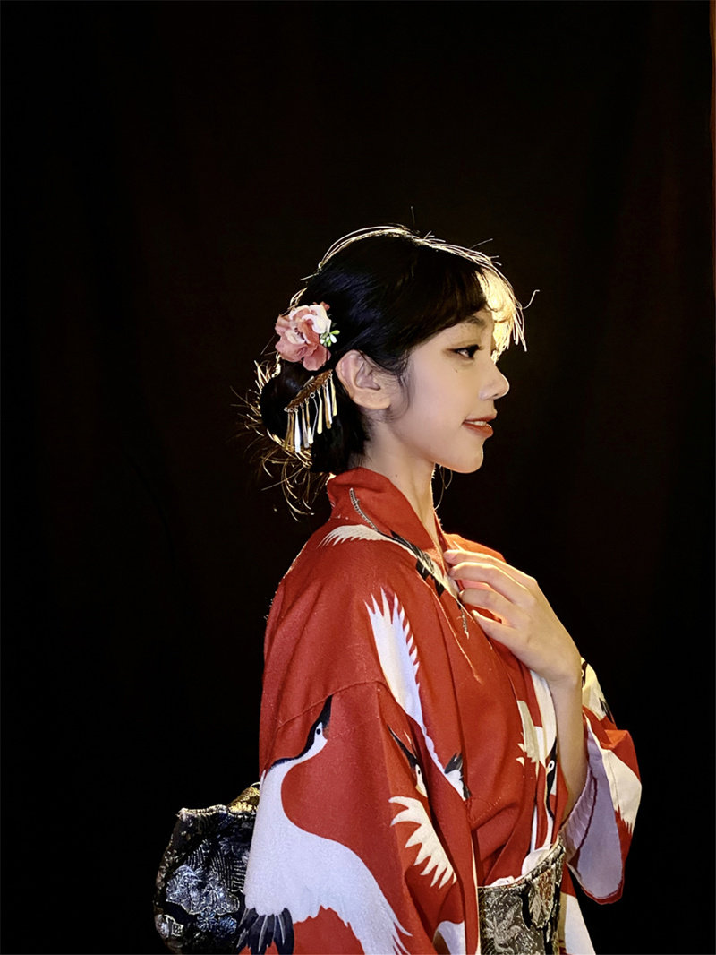 和服可爱日本女士浴衣红色仙鹤印花旅游复古民族服装