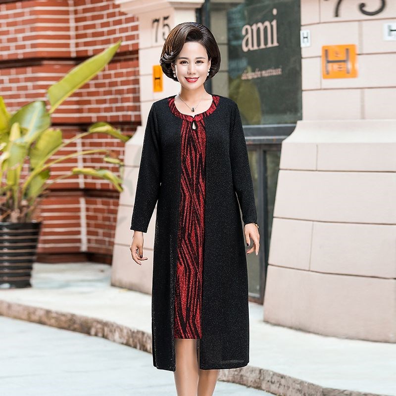 妈妈春秋连衣裙中长款长袖过膝60岁大妈中老年春天裙子女老妈春装