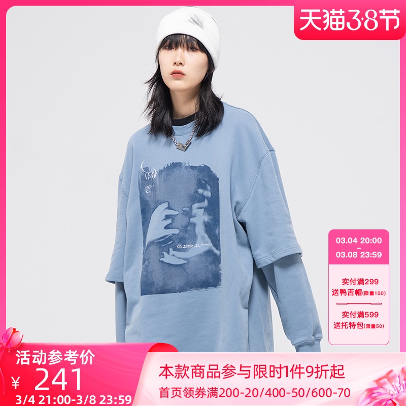 Chrrota(CRRA)抽象手印花假两件无帽卫衣潮牌宽松休闲情侣装男女