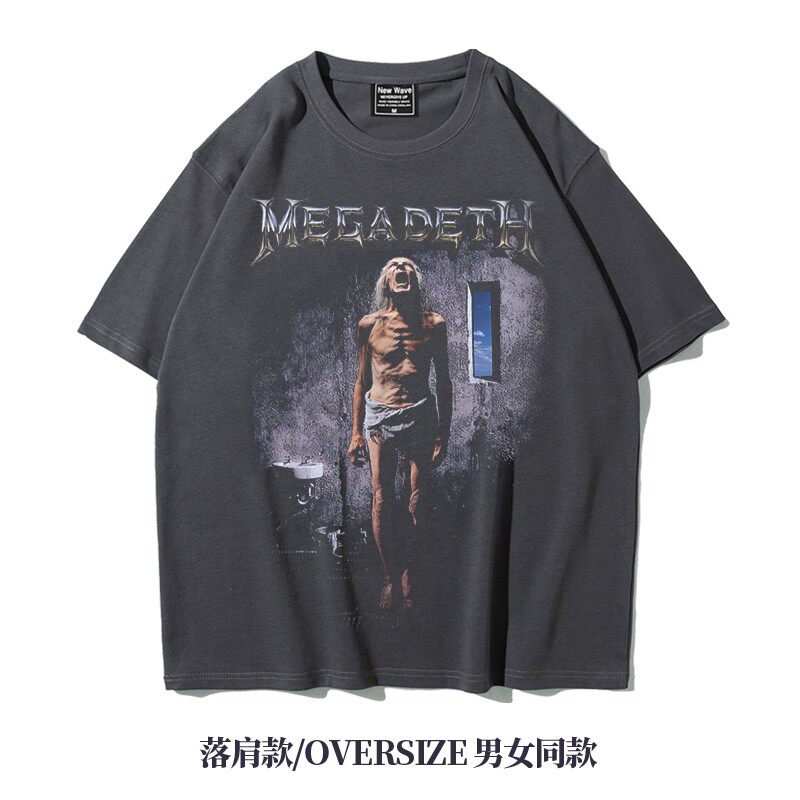 阿美咔叽美式oversize纯棉金属乐队megadeth重磅落肩t恤