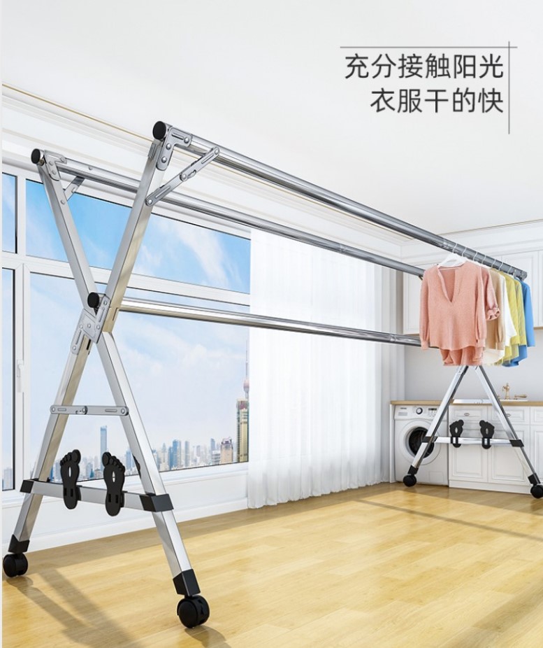 落地伸缩杆式晾衣架不锈钢折叠室外室内家用卧室衣架