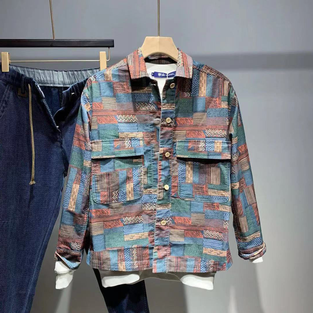 复古花衬衫男日系满印长袖印花衬衣嘻哈宽松bf风休闲夹克潮流外套