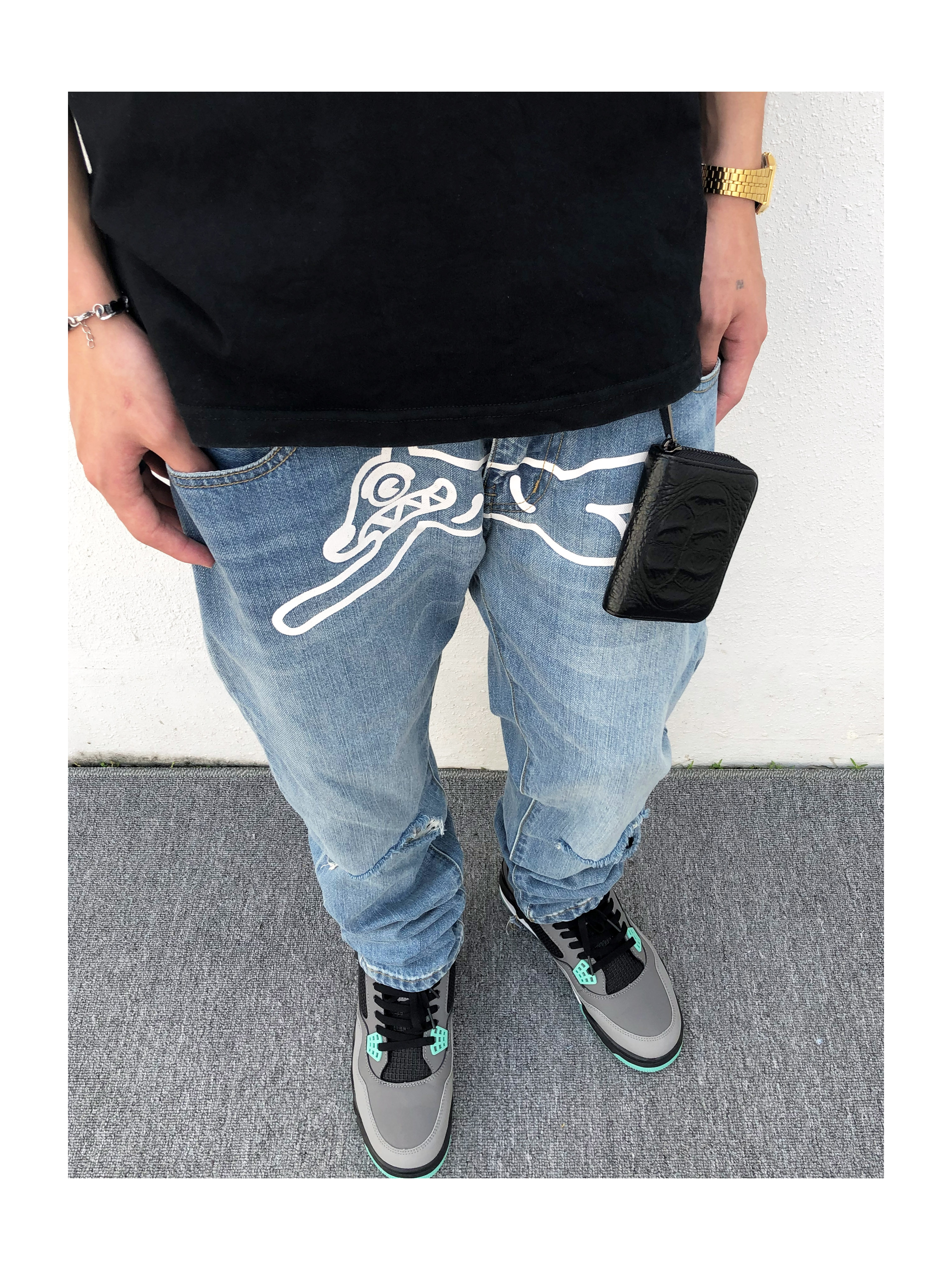 2088美式高街bbc飞狗破洞浅蓝牛仔裤复古嘻哈直筒小脚长裤潮流男