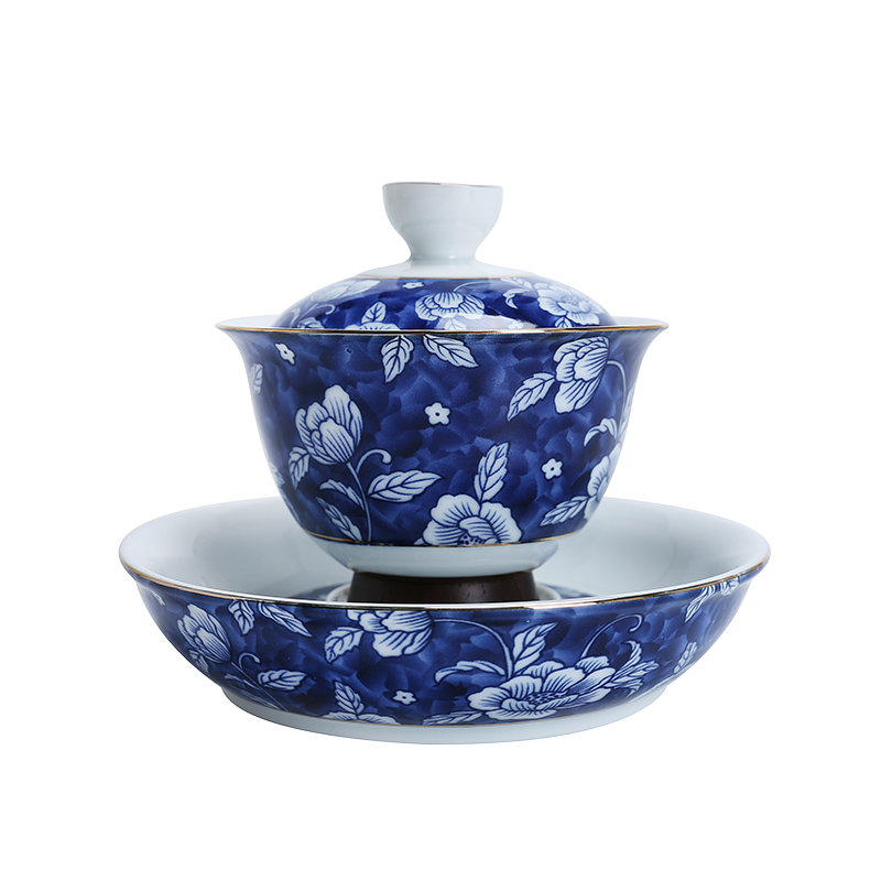 青花瓷功夫三才介杯茶碗泡茶茶具功夫茶陶瓷盖碗盖碗