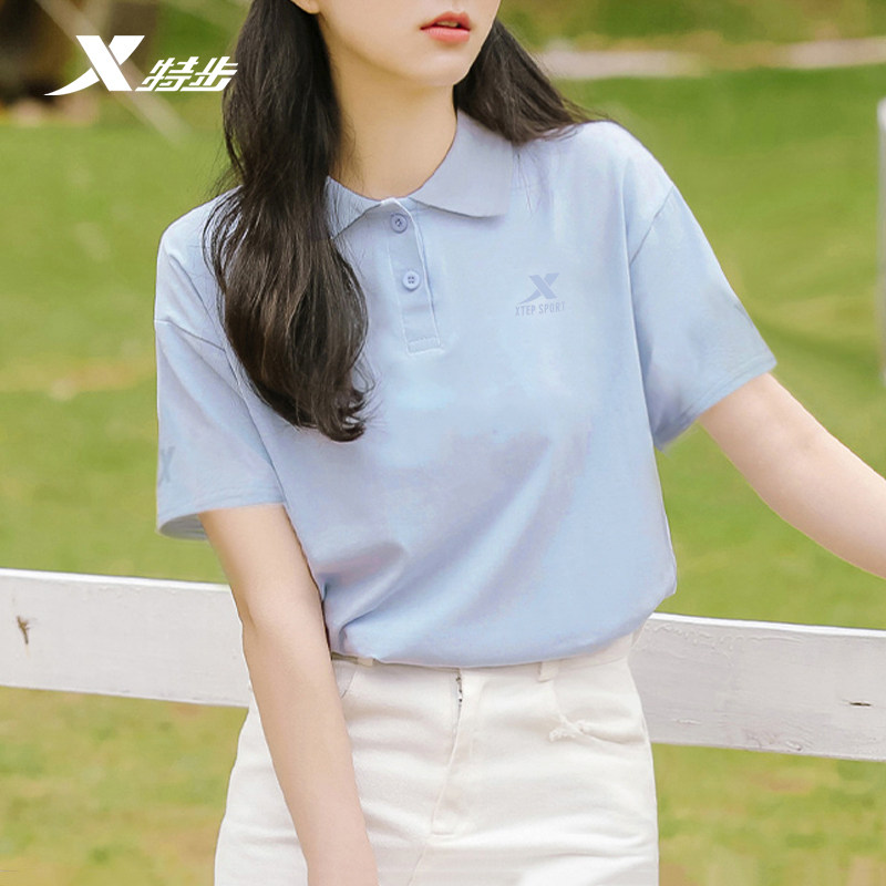 特步短袖t恤女夏季新款翻领宽松半袖休闲上衣粉色运动服polo衫女