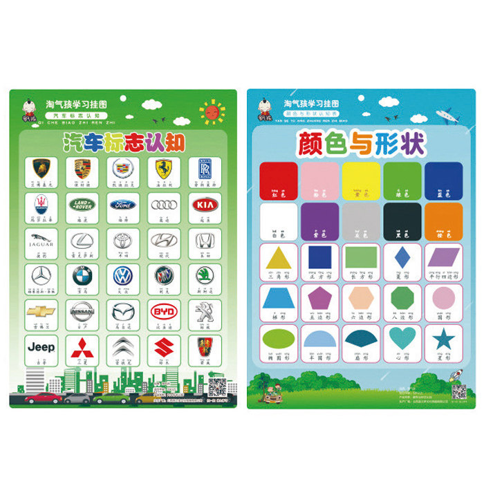 挂图小学生儿童学习用品汽车标识国旗颜色形状玩具挂图