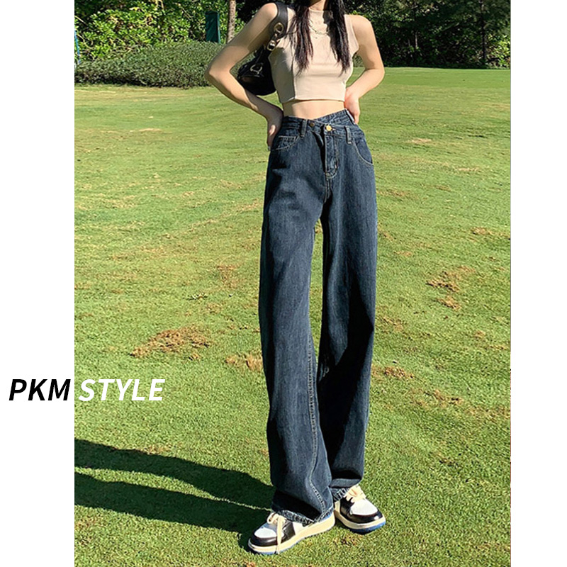 蓝灰色高腰阔腿牛仔裤女夏季新款交叉腰小个子宽松直筒拖地裤薄款