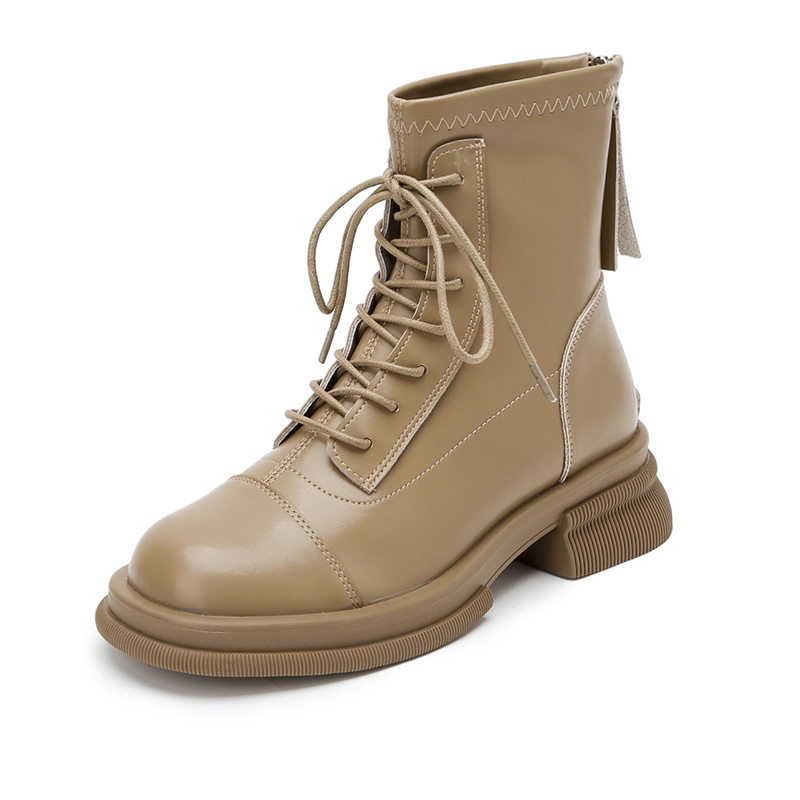 真皮马丁靴女小个子厚底内增高奶茶色系带短靴女复古英伦风单靴子