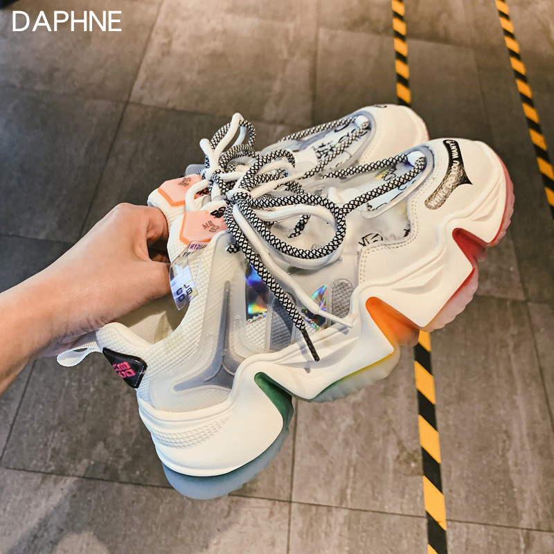 daphne/达芙妮网红老爹鞋女2020春夏厚底彩虹鞋女拼色网面休闲鞋