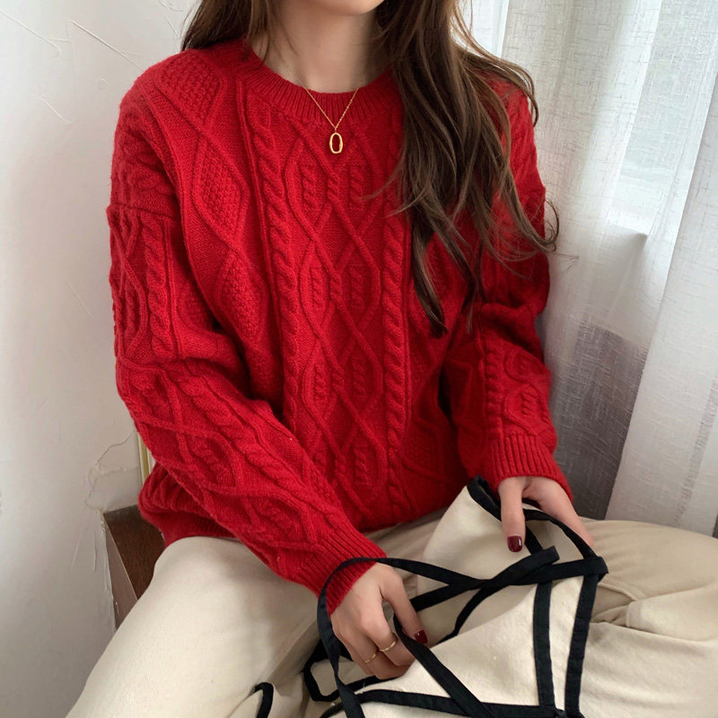 秋冬复古麻花圣诞节新年红色毛衣本命年宽松外穿毛衣