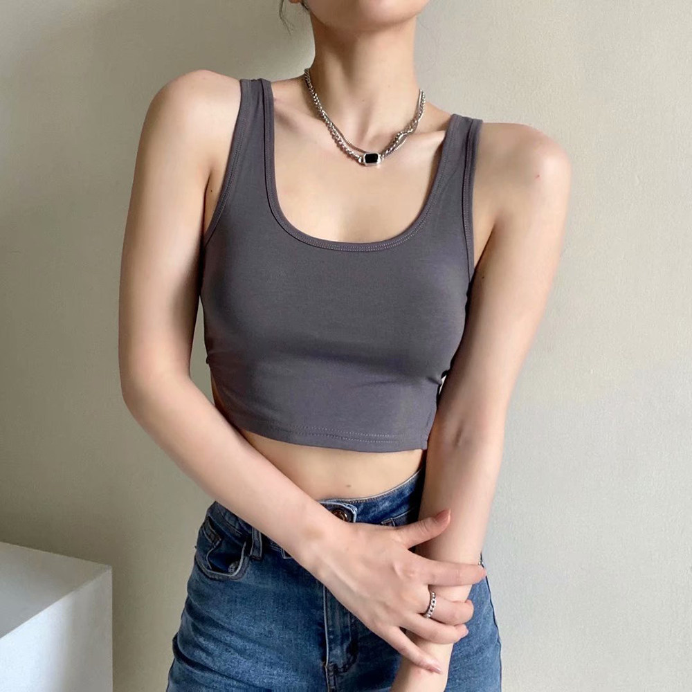 休闲简约有小心机开口设计露腰短款露脐背心背心吊带