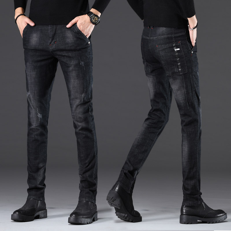 香港高端黑色牛仔裤男士修身小脚韩版潮流潮牌弹力秋冬款加绒加厚