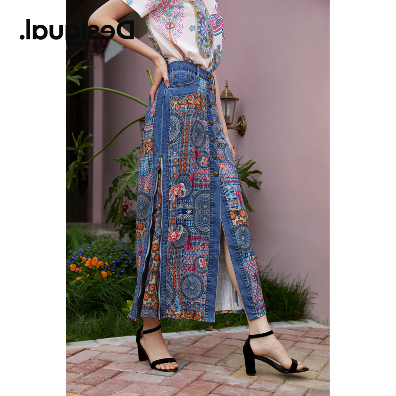 Desigual新款女装印花牛仔拼接高腰半身裙2021夏季21SWFW265027 - 图0