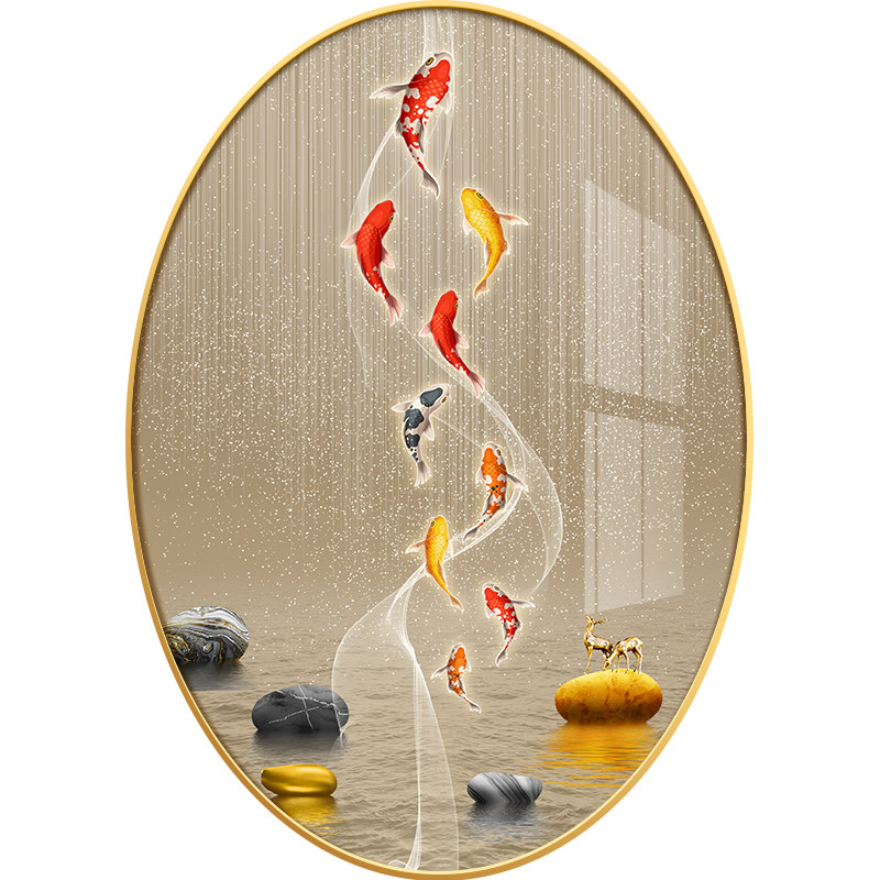 新中式椭圆形九鱼挂画玄关小众壁画饭厅轻奢高档现代装饰画