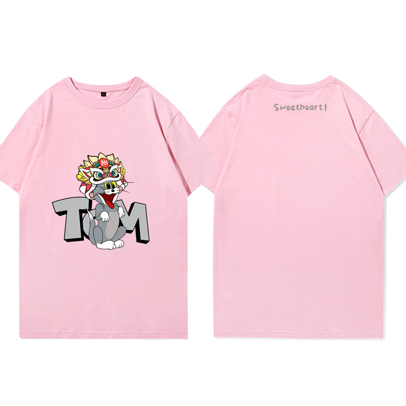 夏季国潮猫和老鼠联名舞狮印花短袖恤男宽松港风t恤