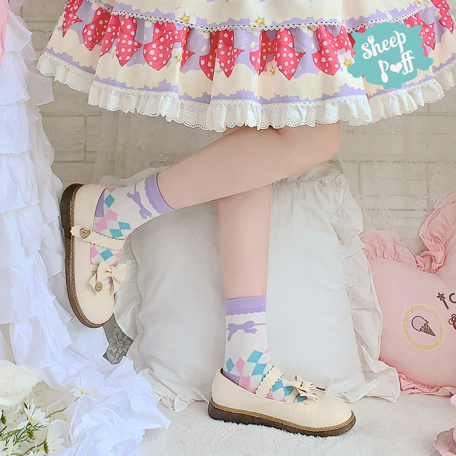 绵羊原创lolita可爱甜美美少女百搭蝴蝶结菱格短袜短袜