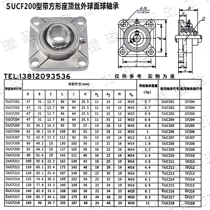 不锈钢外球面轴承带方形座sucf203 204 205 206 207 208 209 21