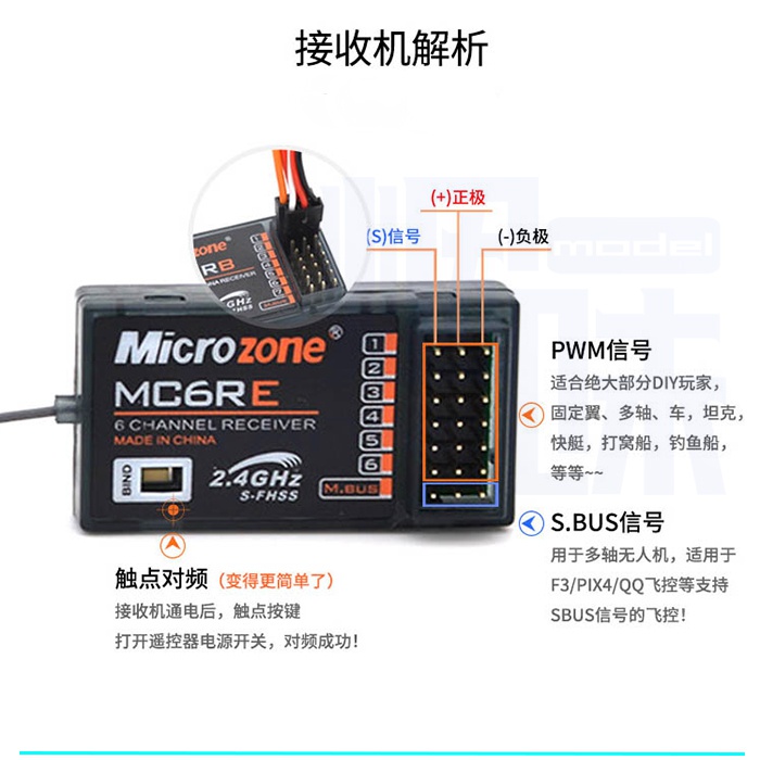 mc6c遥控器6通道24g接收器定制a6b升级版固定翼多遥控飞机零配件