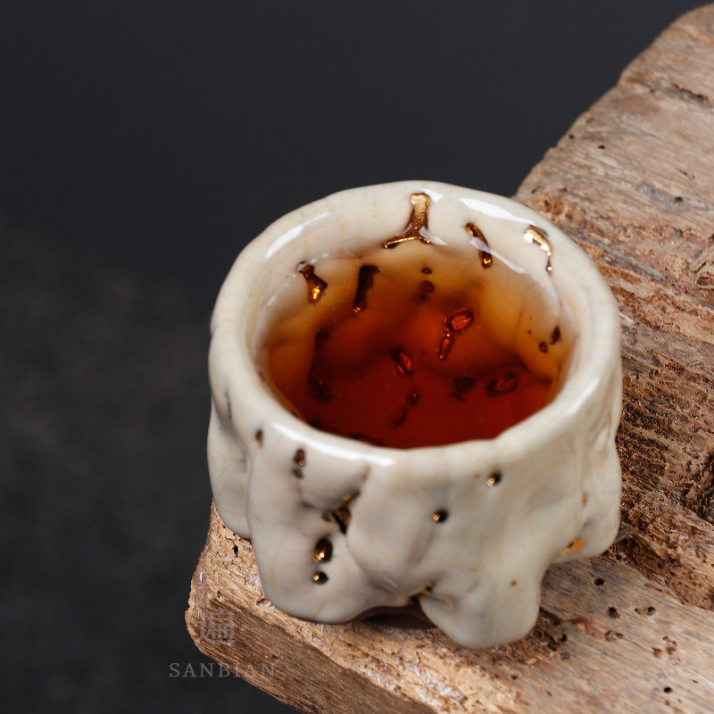 三遍日式志野烧纯手工开片可养主人杯描24k茶杯