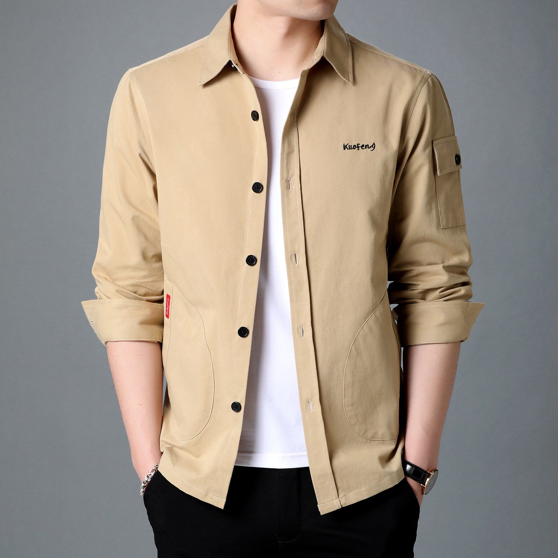 古厚衬衣七分外套纯棉服饰长袖男士衬衫工装衬衫