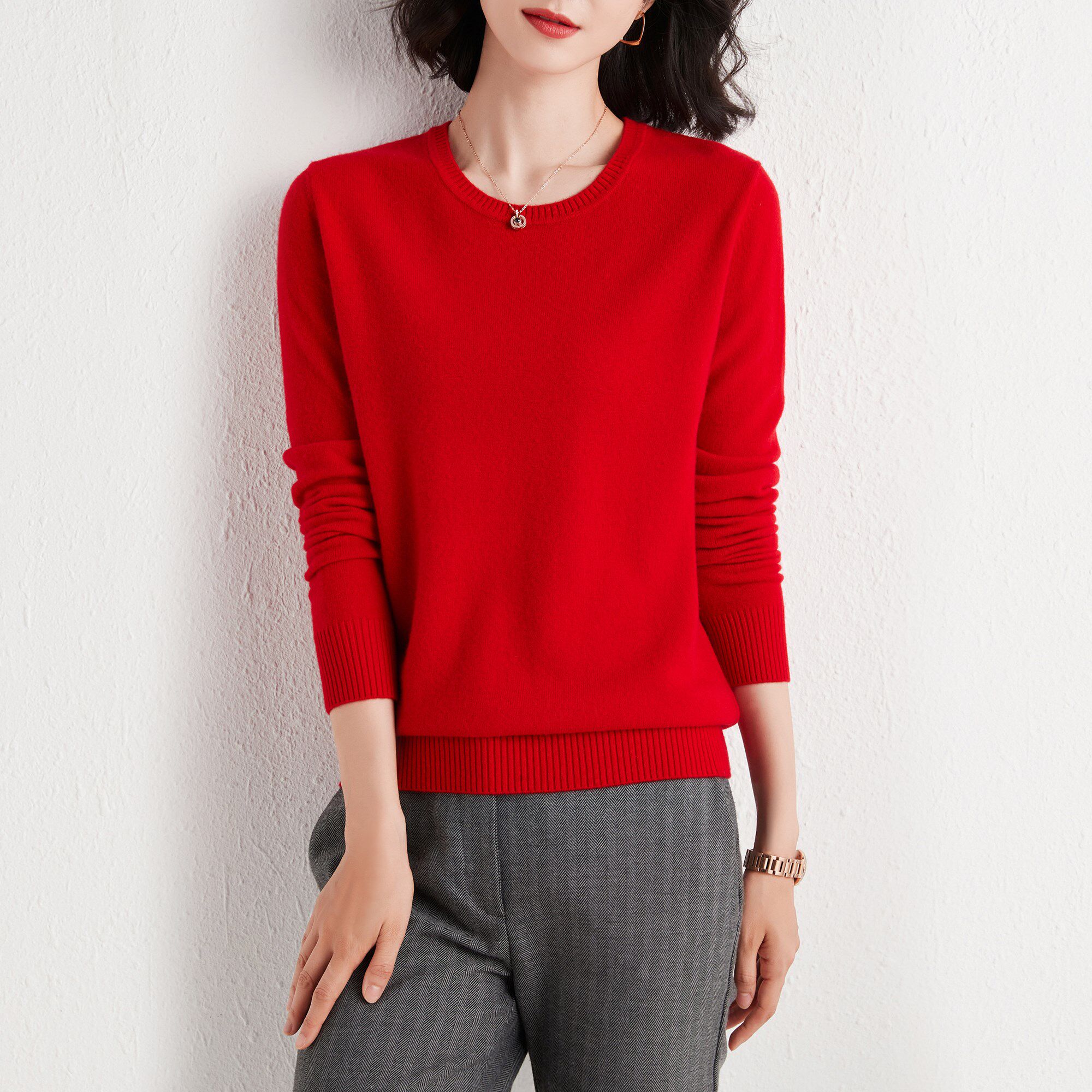 大红色毛衣女本命年秋冬加厚半高领打底衫100纯羊毛衫女新款洋气