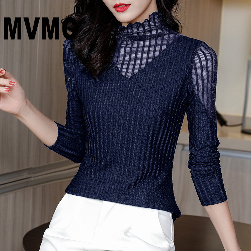 黑色高领蕾丝打底衫女内搭薄款网纱上衣条纹t恤
