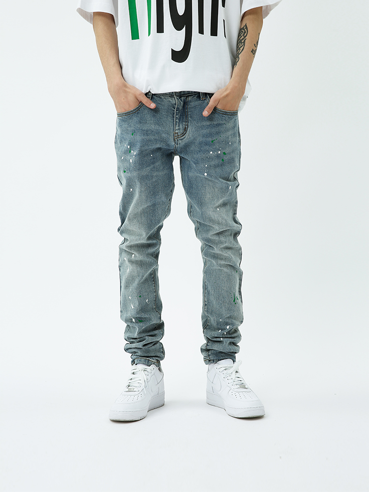 【潮woo专属】FLEXHOOD HIGH SCHOOL国潮休闲水洗修身泼墨牛仔裤