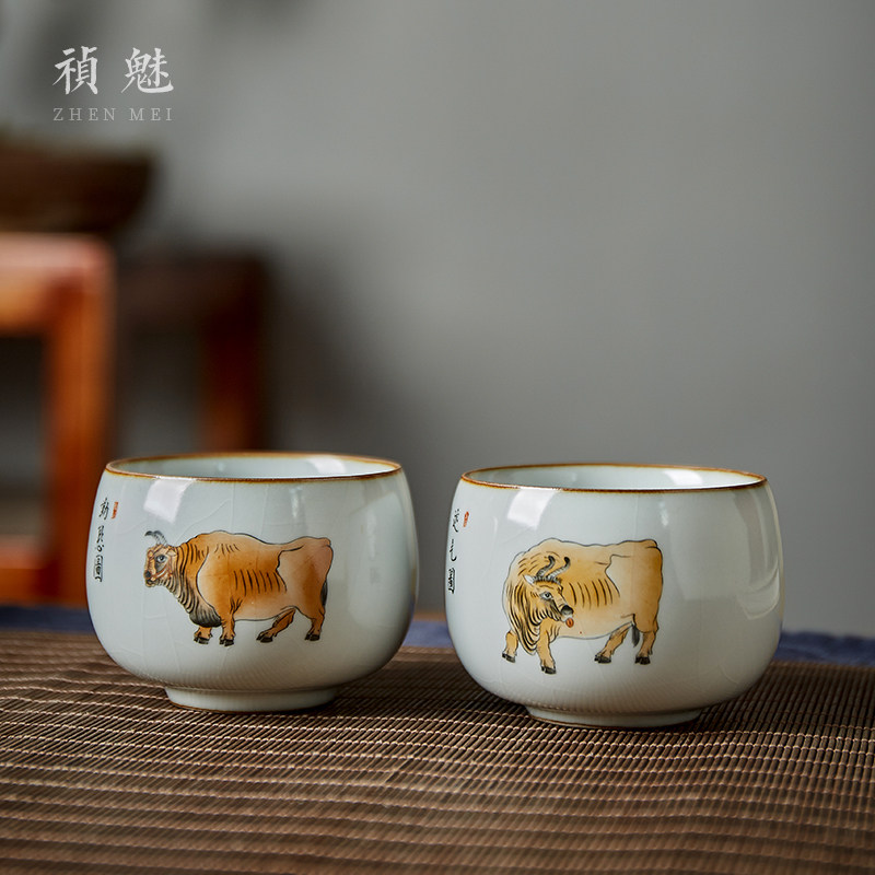 汝窑五牛茶杯主人景德镇陶瓷功夫功夫茶茶具品茗杯牛茶杯