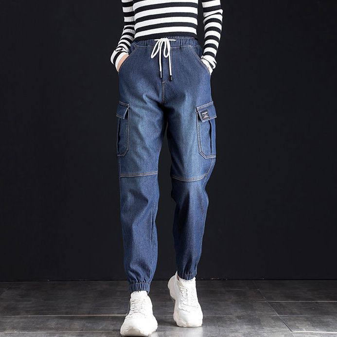 缩口工装裤束脚松紧高腰牛仔裤女大码春秋秋季显瘦牛仔裤