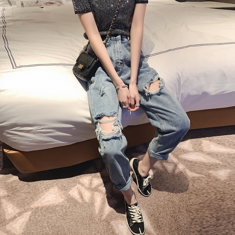 高腰破洞牛仔裤女2022年春夏新款大码胖mm宽松显瘦直筒烟管裤子夏