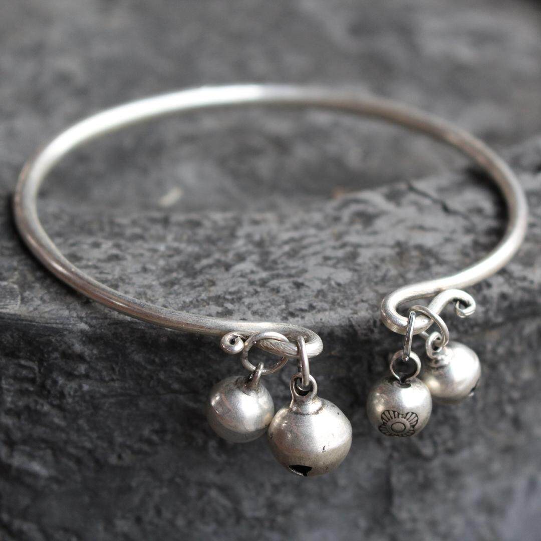 贵州手工雕花纯苗手镯实心开口铃铛脚镯脚链脚链