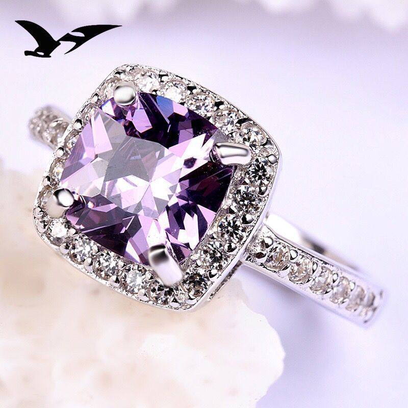 s925纯银戒指女生紫钻开口韩国气质镶钻紫晶戒指