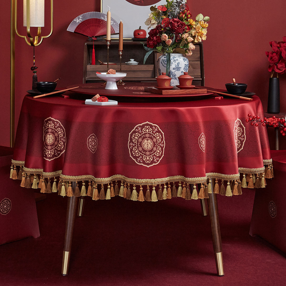 大红餐厅婚庆酒店定制订婚喜字婚礼中式红色桌布