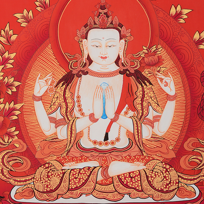 闯隆唐卡四臂观音菩萨尼泊尔手绘红唐矿物颜料藏族唐卡